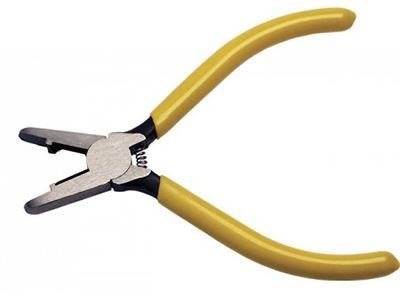 Side view of Platinum Tools connector Pressing Telcom Pliers with yellow Vinyl handles, a built-in side-cutter and coil spring.