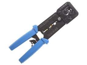 Front view of Platinum Tools EZ-RJPRO HD Crimp Tool with blue handle.