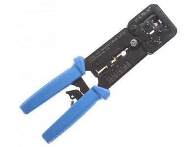 Front view of Platinum Tools EZ-RJPRO HD Crimp Tool with blue handle.