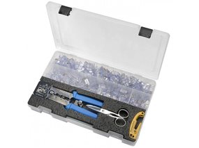 Top view of Platinum Tools EZ-RJPRO Termination Pod kit. Includes EZ-RJ45 CAT5e, P/N 105003, 100 count. EZ-RJ45 CAT6, P/N 105004, 100 count. EZ-RJ12/11, P/N 105005, 50 count.