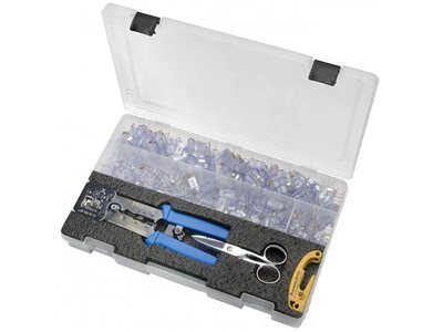 Top view of Platinum Tools EZ-RJPRO Termination Pod kit. Includes EZ-RJ45 CAT5e, P/N 105003, 100 count. EZ-RJ45 CAT6, P/N 105004, 100 count. EZ-RJ12/11, P/N 105005, 50 count.