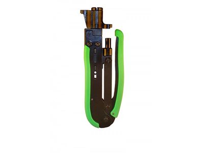 Side view of Platinum Tools green Molded cushioned handle and High carbon tool steel frame F short type compression Crimp tool