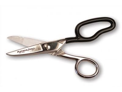 Front view of Platinum Tools Professional Electrician's Scissors with serrated edges on back