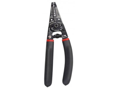 Front view of Platinum Tools ProStrip 10/20 wire stripper, with serrated plier nose, holes in jaw, and ergonomically designed handle