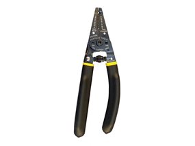 Front view of Platinum Tools ProStrip 16/30 wire stripper, with serrated plier nose, holes in jaw, and ergonomically designed handle