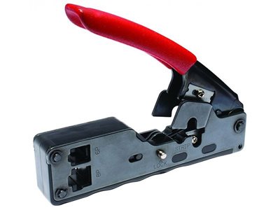 Platinum Tools Tele-Titan Modular Plug Crimp tool with red handle.