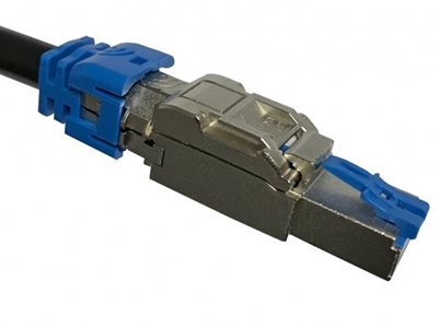 Front view of Platinum tools fully assembled RJ45 Shielded field Plug